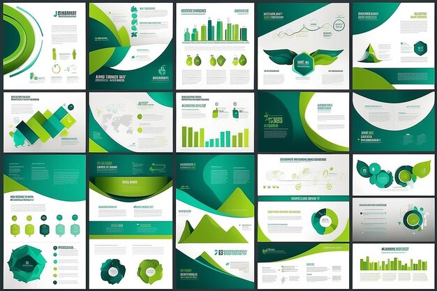 Modelos de slides de apresentação de resumos azuis e verdes Modelo de elementos infográficos para brochura de relatório anual da web