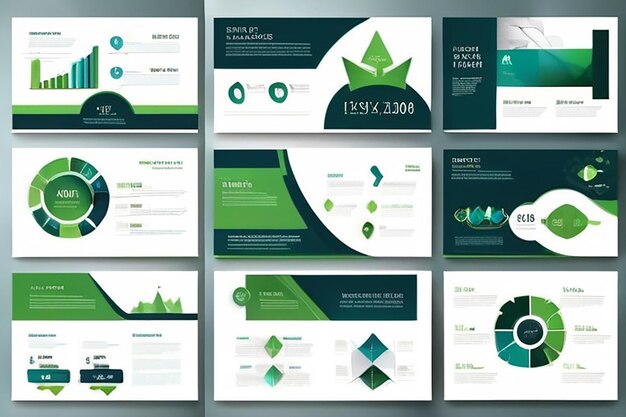 Modelos de slides de apresentação de resumos azuis e verdes Set de modelos de elementos infográficos para brochura de relatório anual da web