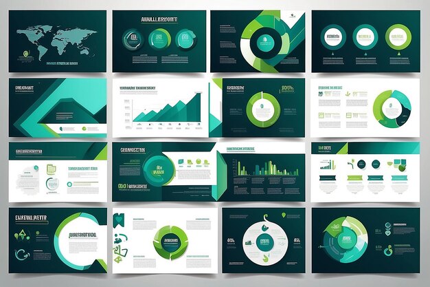 Modelos de slides de apresentação de resumos azuis e verdes Set de modelos de elementos infográficos para brochura de relatório anual da web