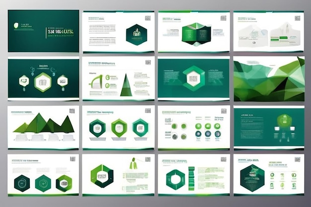 Modelos de slides de apresentação de resumos azuis e verdes Set de modelos de elementos infográficos para brochura de relatório anual da web