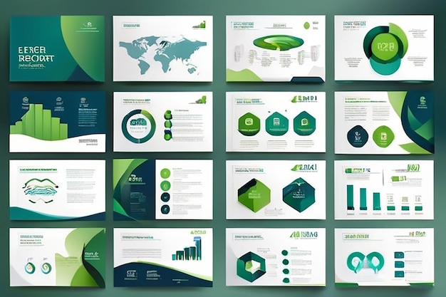 Modelos de slides de apresentação de resumos azuis e verdes Set de modelos de elementos infográficos para brochura de relatório anual da web