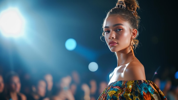 Modelos femeninas elegantes con trajes de diseñadores en el escenario de desfiles de moda