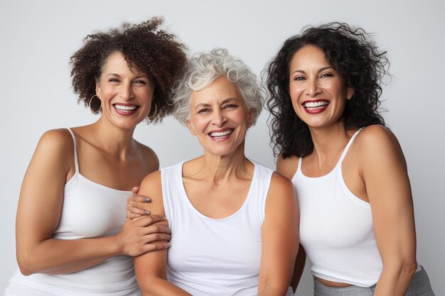 Modelos femininas de diferentes idades celebrando seus corpos naturais em um estúdio Quatro confiantes e