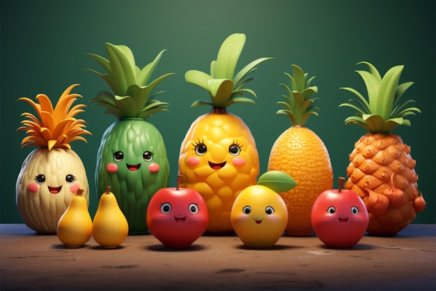 Modelos de frutas de dibujos animados coloridos y lindos que forman una serie encantadora.