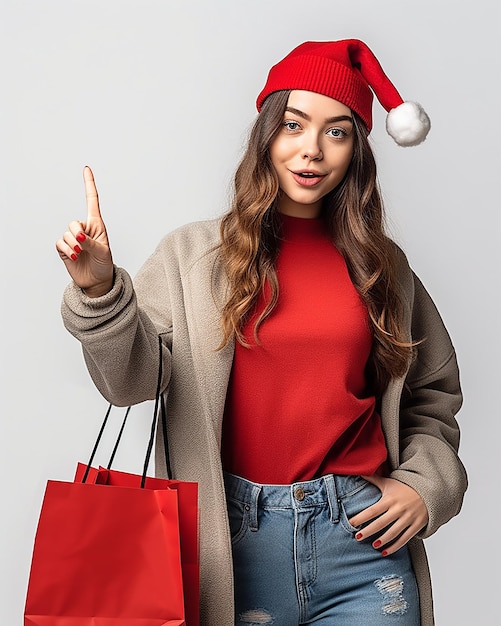 modelos de la generación z con sombreros de santa con bolsas de compras y regalos de navidad