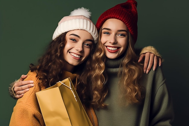 modelos de la generación z con sombreros de santa con bolsas de compras y regalos de navidad