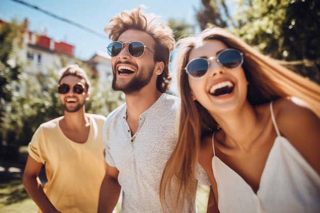 Modelos hermosos y positivos se están divirtiendo al aire libre en un día soleado alegres y felices vacaciones c