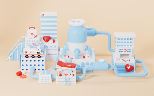 Modelos de hospitales de dibujos animados e instrumentos médicos tema de concepto médico representación 3d