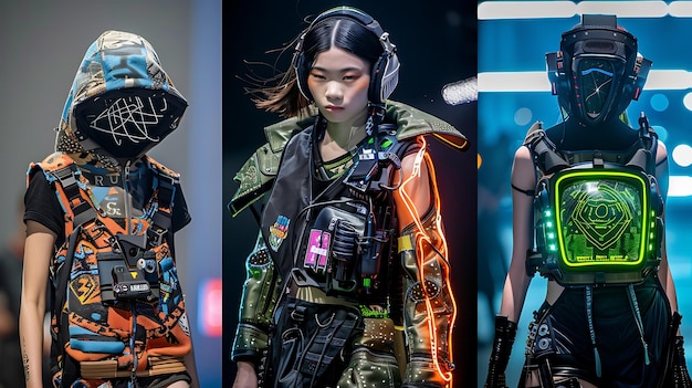 Modelos de moda con ropa futurista con luces de neón brillantes