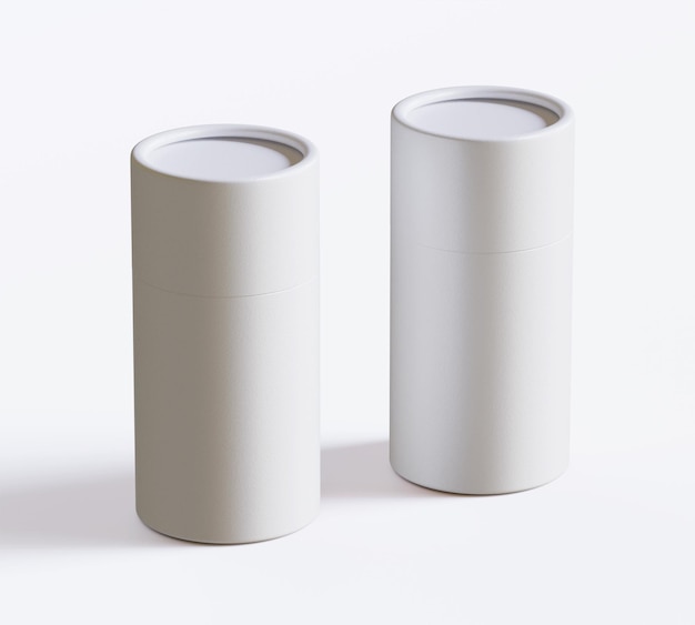 Modelos de paquetes de tubos de papel blanco aislados sobre un fondo blanco Cartón de artesanía en blanco circular realista