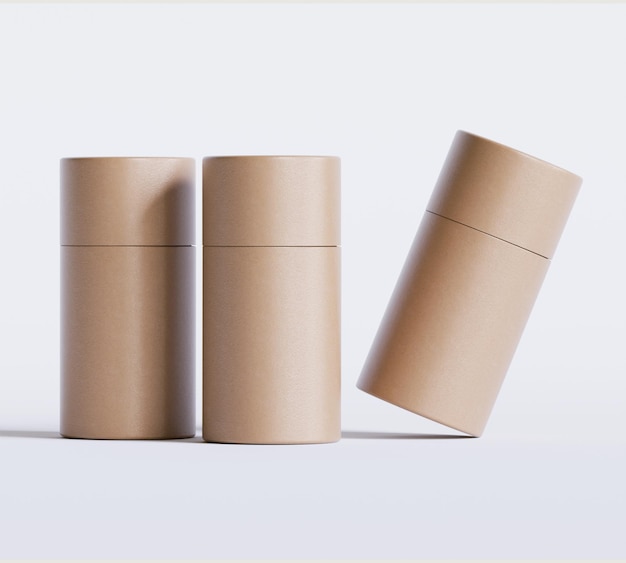 Modelos de paquetes de tubos de papel marrones aislados sobre un fondo blanco Cartón de artesanía en blanco circular realista