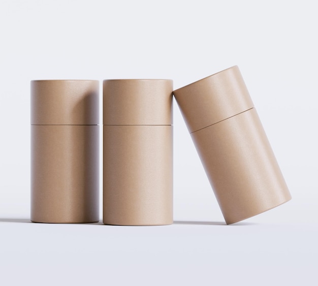 Modelos de paquetes de tubos de papel marrones aislados sobre un fondo blanco Cartón de artesanía en blanco circular realista