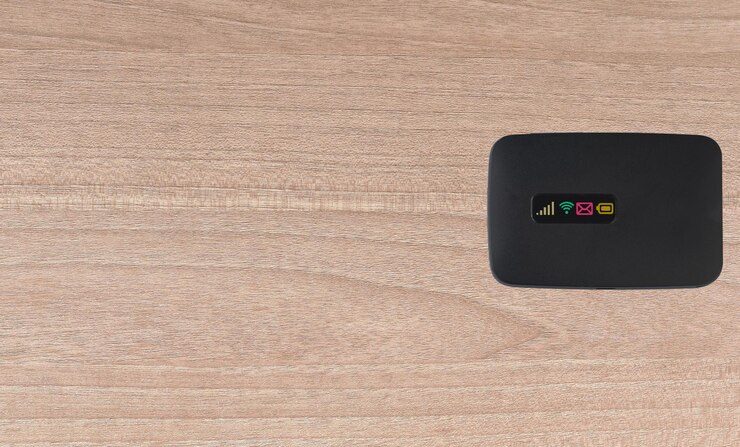 Foto módem wifi de bolsillo portátil sobre fondo de madera.