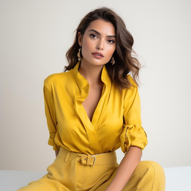 Modemodell in stilvoller Pose mit gelbem Kleid