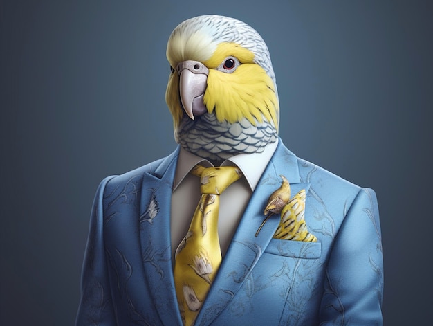 Modemodellvogel in Luxusjacke und Krawatte Generative KI