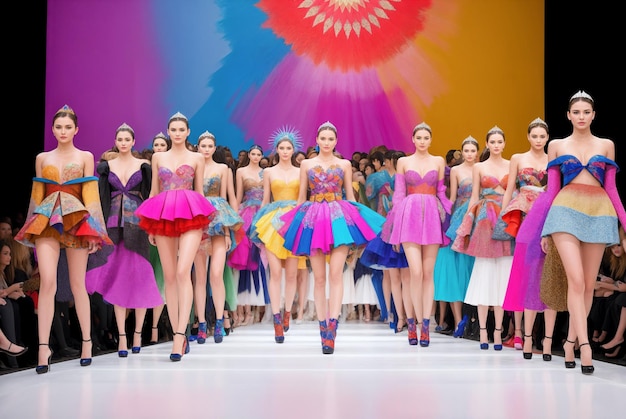 Modenschau Wunderschöne Frauen auf dem Laufsteg farbenfrohe extravagante Outfits Digitale kreative Designer Mode Glamour Kunst