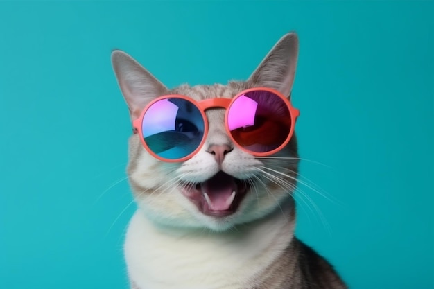 Modeporträt bunte Sonnenbrille lustiges Tier Katze Haustier süßes Neon Generative KI