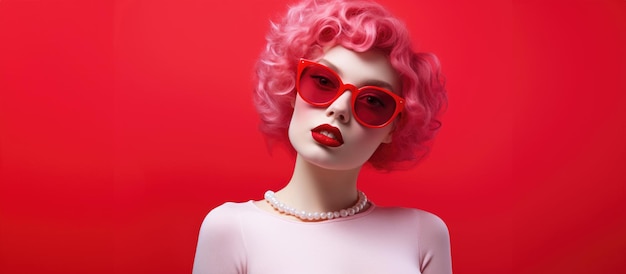 Modeporträt einer schönen jungen Frau mit rosa Haaren und roter Sonnenbrille auf rotem Hintergrund
