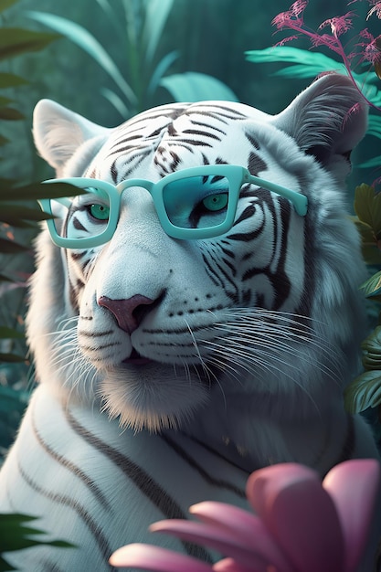 Modeporträt eines weißen Tigers mit Brille Generative KI-Technologie