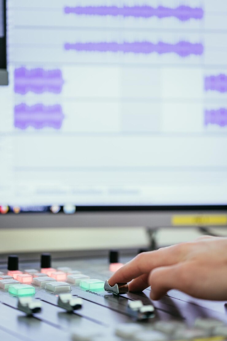 Foto el moderador del estudio de radiodifusión está usando la computadora de la caja de resonancia en segundo plano