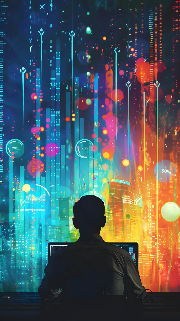 Foto moderador profesional con monitor y gráficos en concepto de fondo abstracto para reuniones en línea