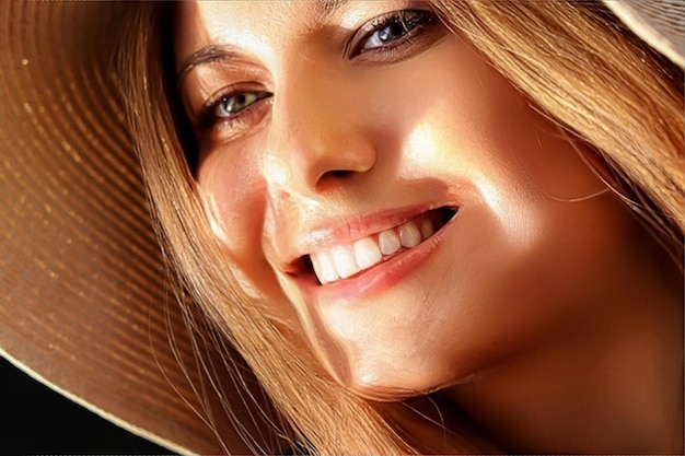 Modereise- und Schönheitsgesichtsporträt des glücklichen lächelnden Modells der jungen Frau, das Strandsonnenhut im Sommerkopfzubehör und -stil trägt
