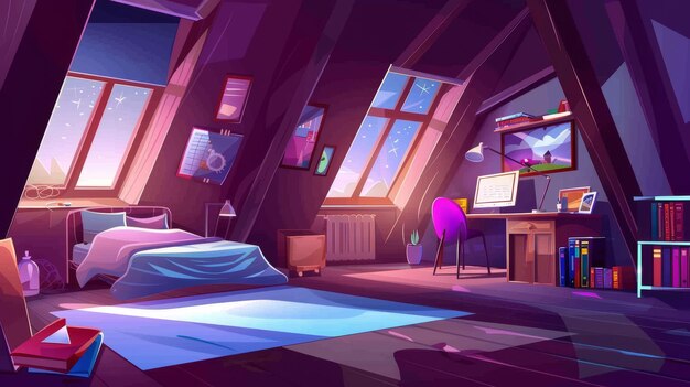 Modern cartoon mansard quarto adolescente com cama não feita escritório de estudo computador e livros na parede interior de quarto de menina moderna no sótão