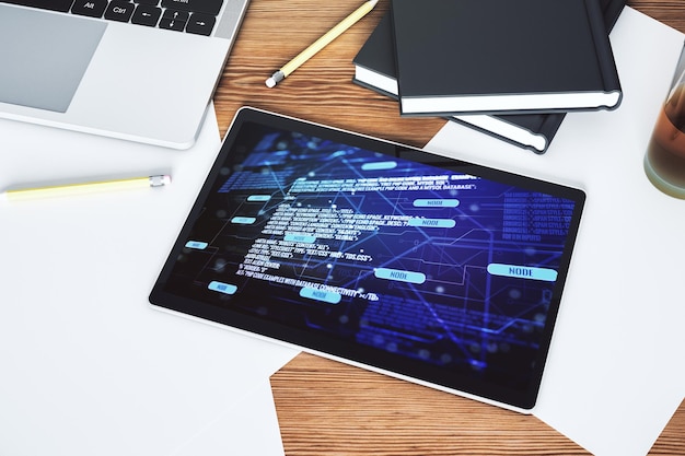 Modern digital tablet monitor with abstract creative coding sketch artificial intelligence and neural networks concept Top view 3D Rendering