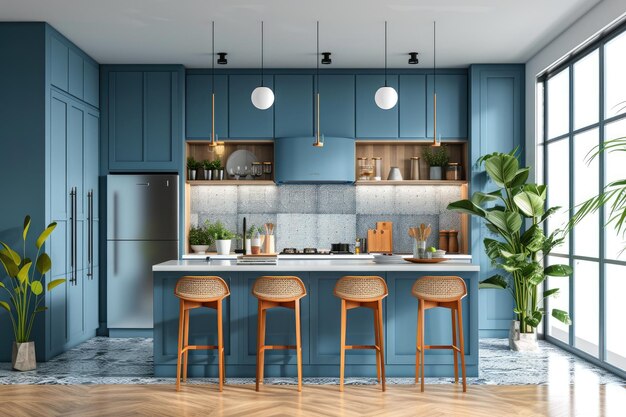 Modern Farmhouse Blue Kitchen com armários azuis e ilha