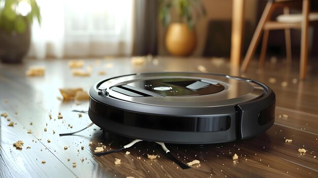 Foto modern home harmony robotic vacuum tidies con concepto de precisión diseño interior tecnología para el hogar inteligente soluciones de limpieza eficiencia electrodomésticos