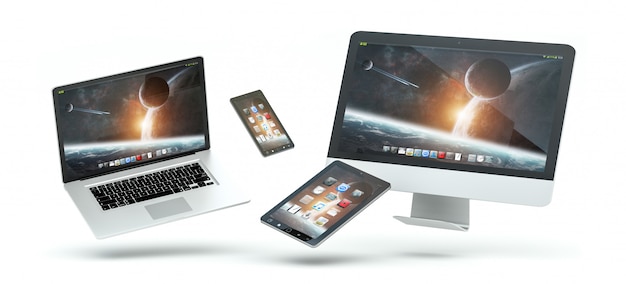 Modern laptop computador celular e tablet flutuante renderização em 3D