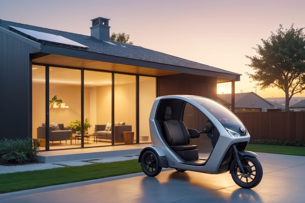 Modern Living Green Travel EV Trike em Sunset Warm Embrace AI gerado