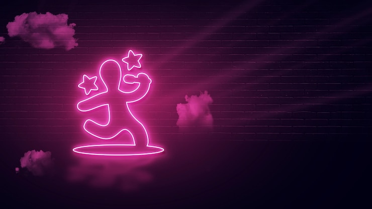 Foto modern people and stars icon with pink neon effect and empty space for copy or message dark wall bg