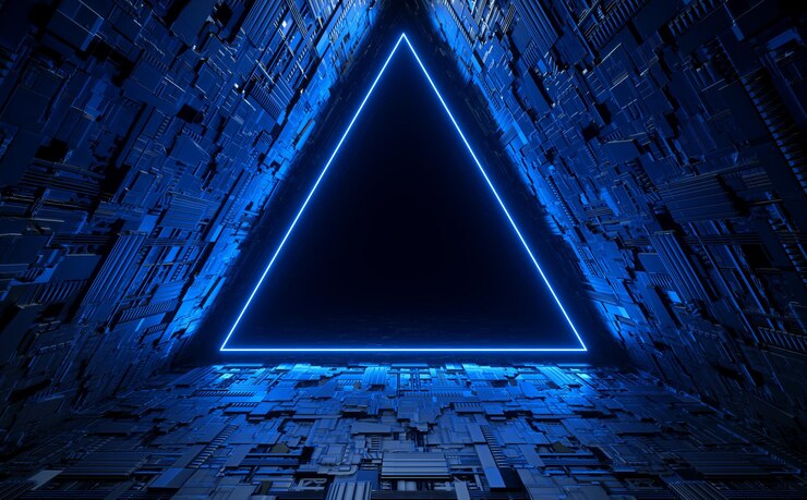 Foto modern sci fi nave espacial corredor túnel entrada triângulo azul luz laser perspectiva brilhante ilustração fundos renderização em 3d