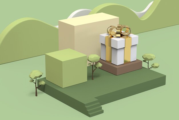 Modern Stage show cosmetics productos para el cuidado de la piel set de regalo con tema verde natural minimalista lowpoly forma cuadrada geométrica paso