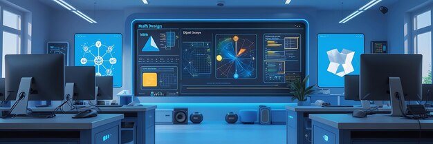 Modern Tech Classroom with Multiple Monitors and Digital Interface Futuristic Educational Lab Setup for STEM Learning Programming and Engineering Visualization