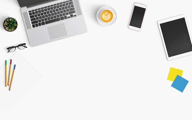  Modern workplace. Top view. Flat lay style.