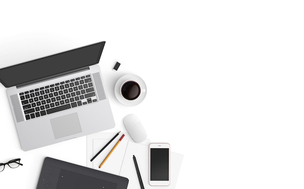  Modern workspace. Top view. Flat lay style.