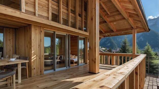 Foto moderna cabana de madeira de montanha com vistas panorâmicas