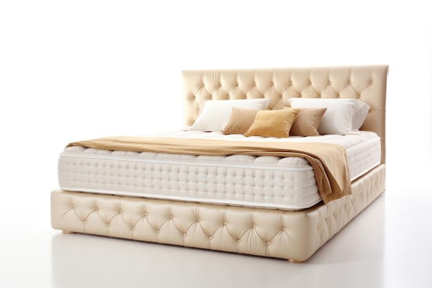 Moderna cama beige estética aislada sobre un fondo blanco