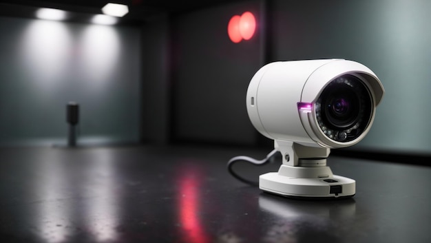 Una moderna cámara de seguridad blanca portátil iluminada por luz de neón contra una superficie de textura oscura
