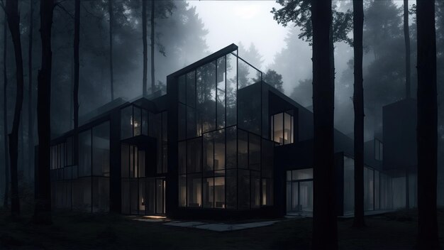 Moderna casa de cristal en el denso y brumoso bosque