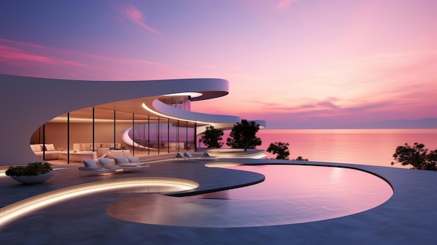 Moderna casa de lujo de forma redonda y curva con terraza en la orilla del mar al atardecer