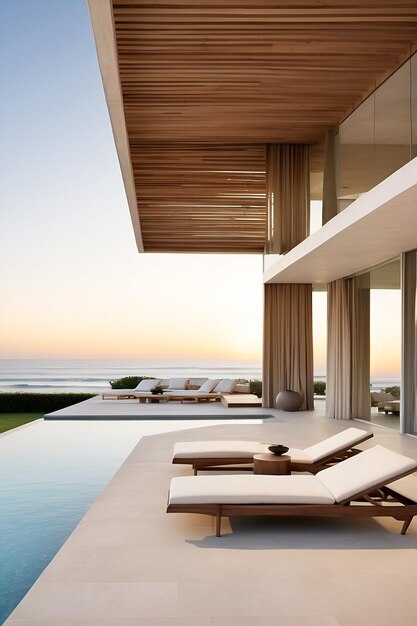 Moderna casa de lujo y patio junto a la piscina con vista al océano