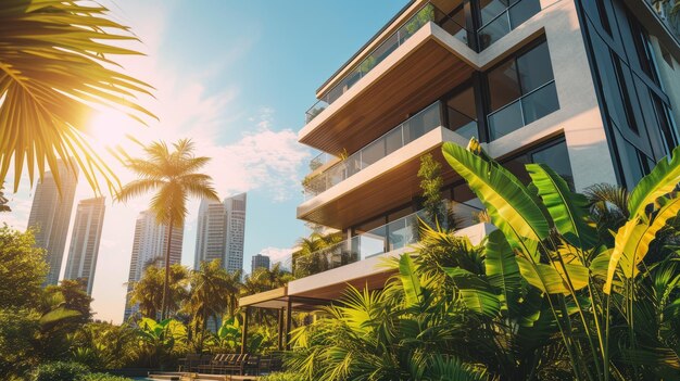 Foto moderna casa de lujo con piscina y jardín tropical