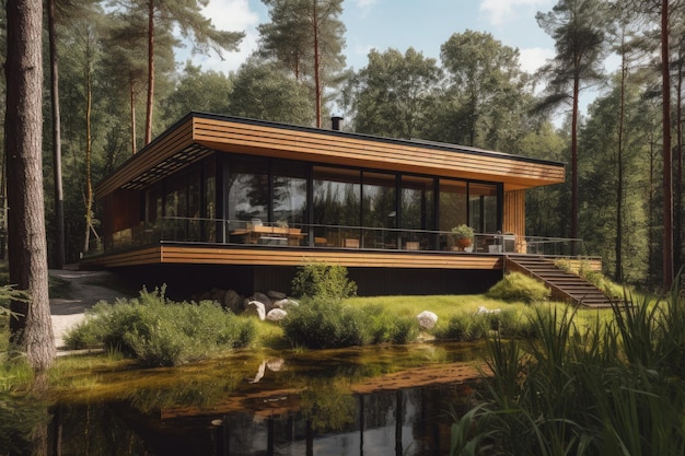 Moderna casa de madera en armonía con la naturaleza generativa IA