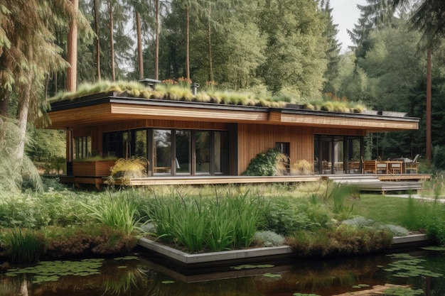 Moderna casa de madera en armonía con la naturaleza generativa IA