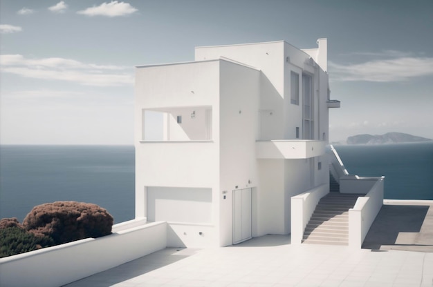 Moderna casa de playa con vista al mar y terraza en vacaciones ai generativo