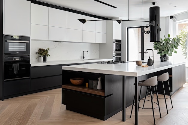 Moderna cocina blanca con elegantes electrodomésticos negros y detalles creados con ai generativa