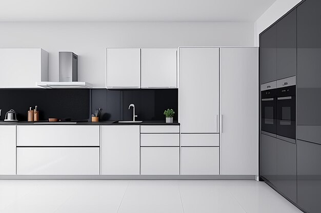 Moderna cocina blanca de lujo avanzada con líneas limpias y una mesa de comedor de diseño minimalista